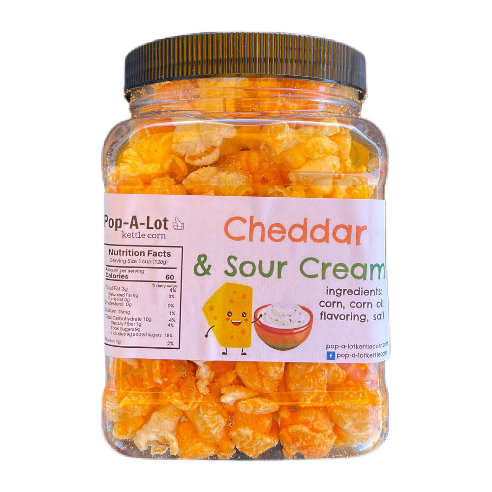
            
                Load image into Gallery viewer, Cheddar and Sour Cream Gourmet Kettle Corn, Popcorn, Grip Jar, Assorted Sizes
            
        
