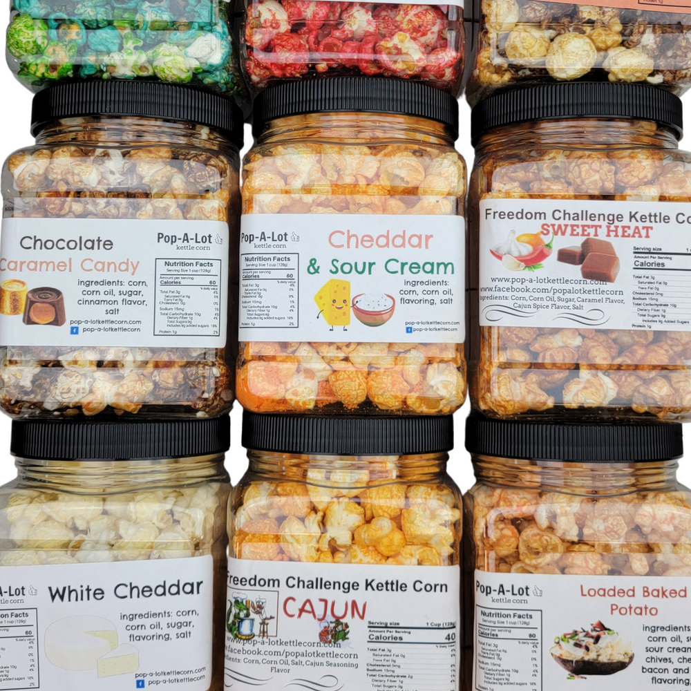
            
                Load image into Gallery viewer, 4-32 Oz. Jar Assorted Flavor Kettle Corn Sampler, Limited Time Special
            
        