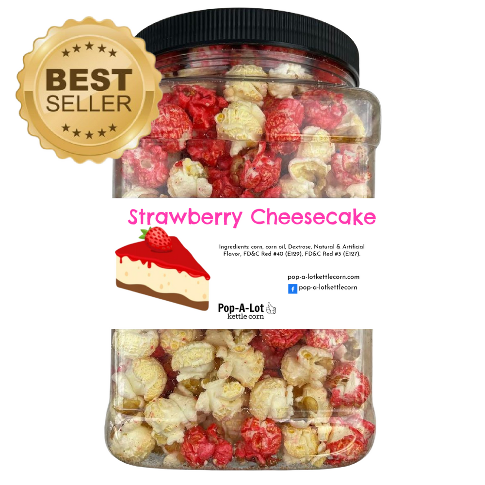 
            
                Load image into Gallery viewer, Strawberry Cheesecake Gourmet Kettle Corn Grip Jar, Assorted Sizes
            
        