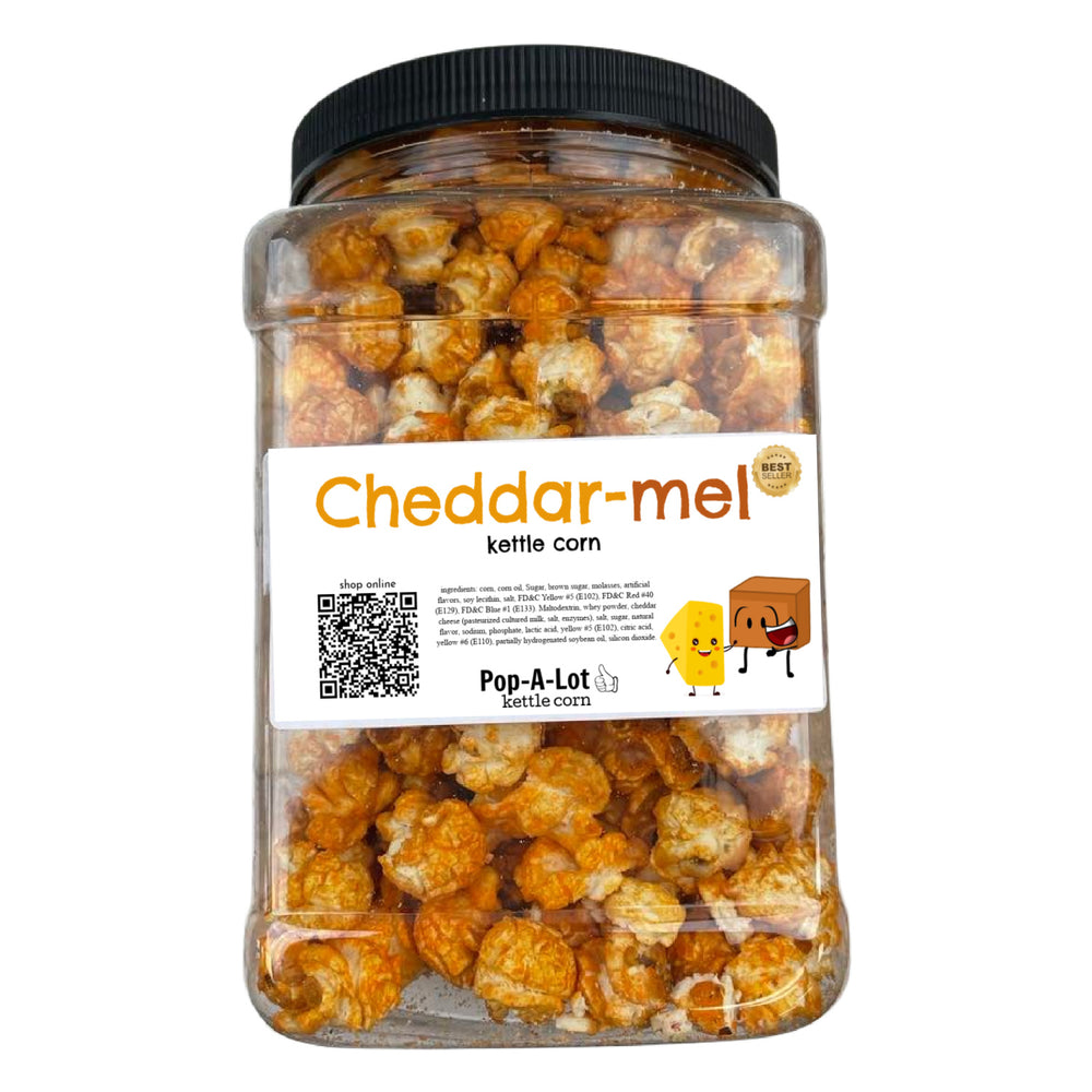 
            
                Load image into Gallery viewer, Cheddar-Mel (Cheesy Caramel) Flavored Gourmet Kettle Corn, Grip Jar, Assorted Sizes
            
        