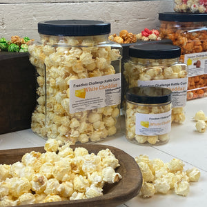 White Cheddar Cheese Flavored Gourmet Kettle Corn Grip Jars, Assorted Sizes