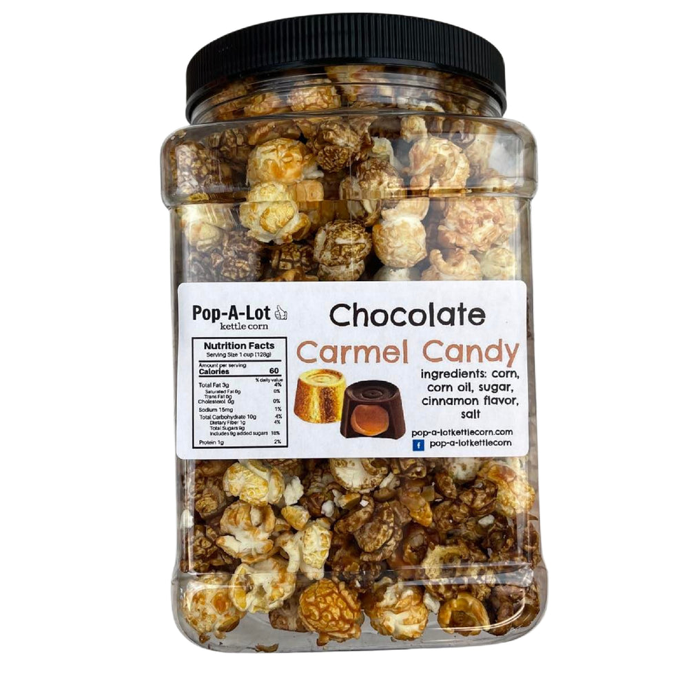 
            
                Load image into Gallery viewer, Chocolate Caramel Candy Flavored Gourmet Kettle Corn, Grip Jar, Assorted Sizes
            
        